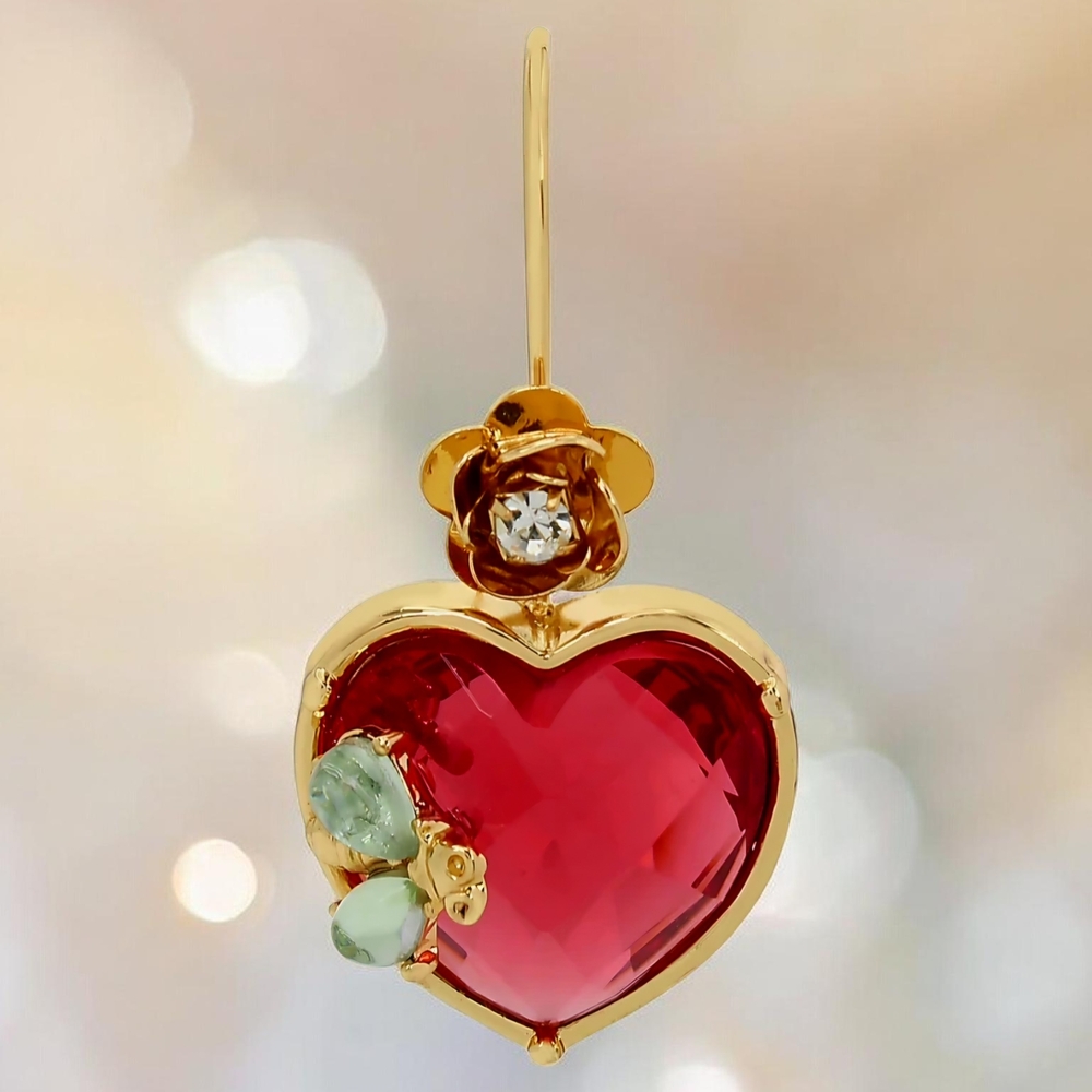 NEW Betsey Johnson Elegant Pink Faceted Stone Heart Drops With Flower Accent - Picture 3 of 5